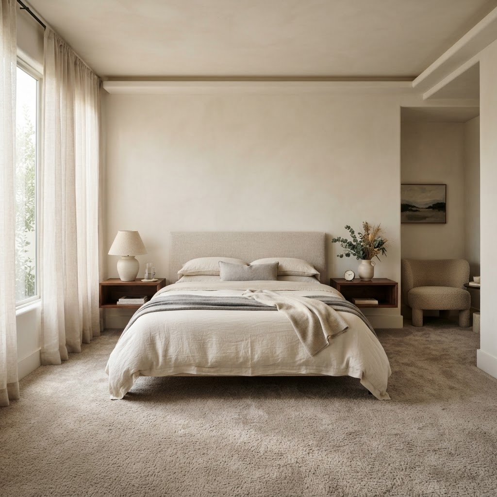 Plush carpet in a serene, light-filled bedroom