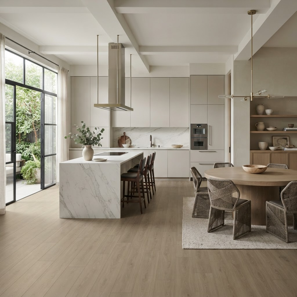 Luxury vinyl plank flooring in a bright modern kitchen