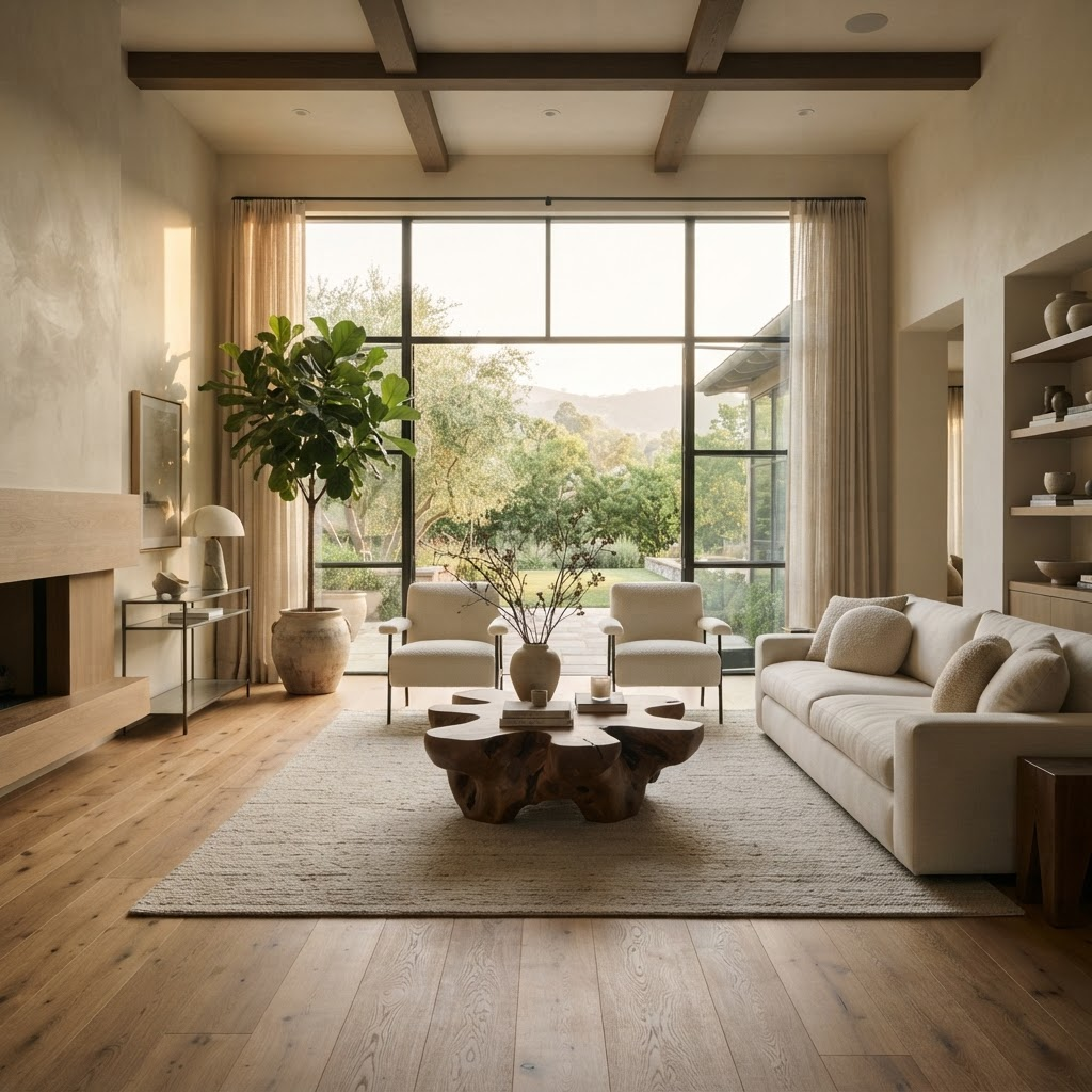 A sunlit luxury living room with warm wide-plank oak hardwood flooring