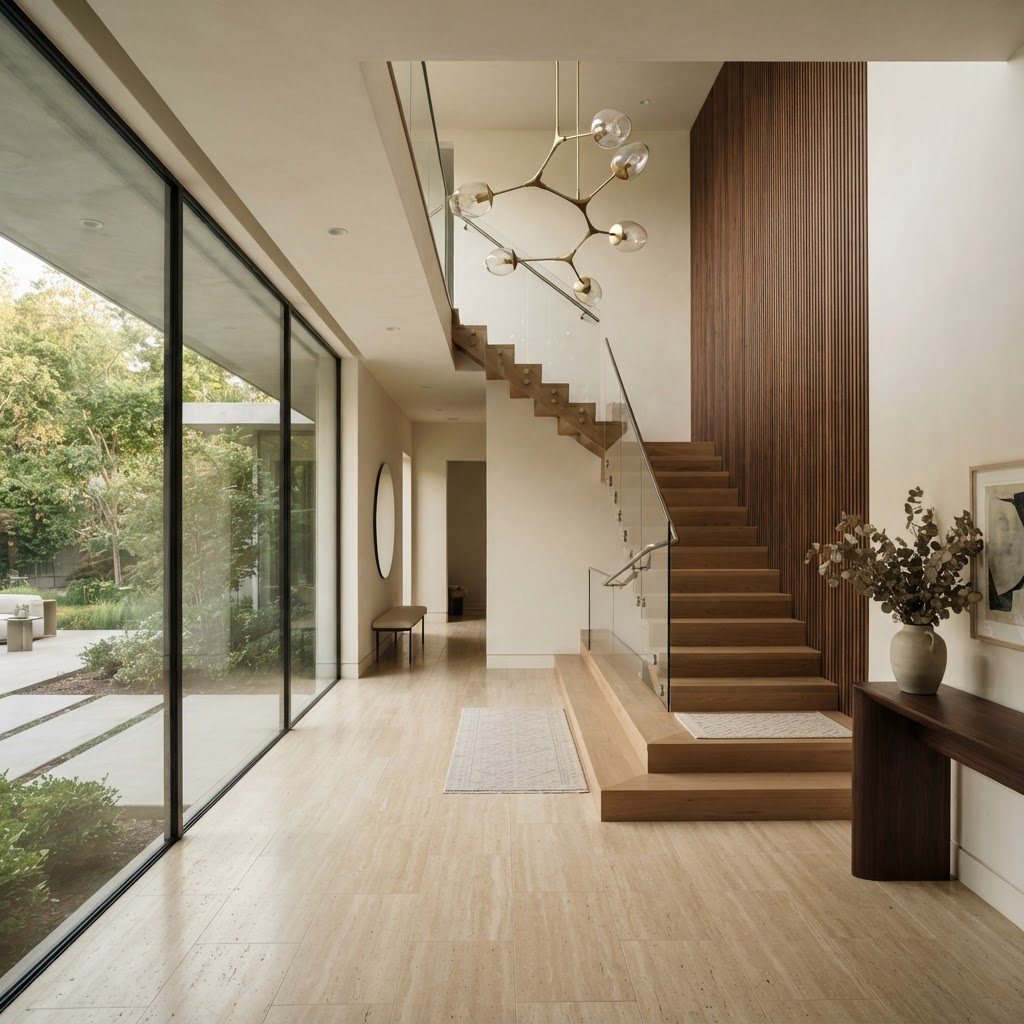 Entry foyer with stone-look tile flooring and a wood accent wall