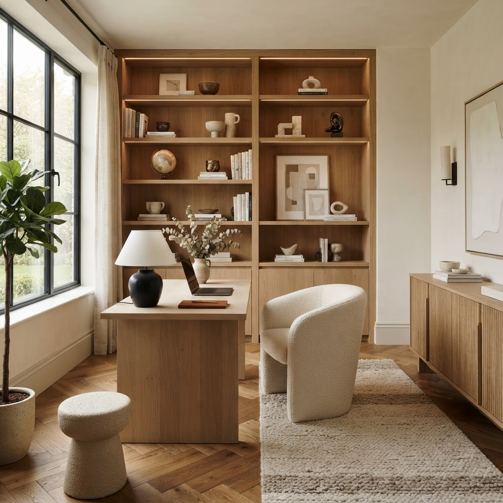 Home office with herringbone wood flooring and built-in shelving