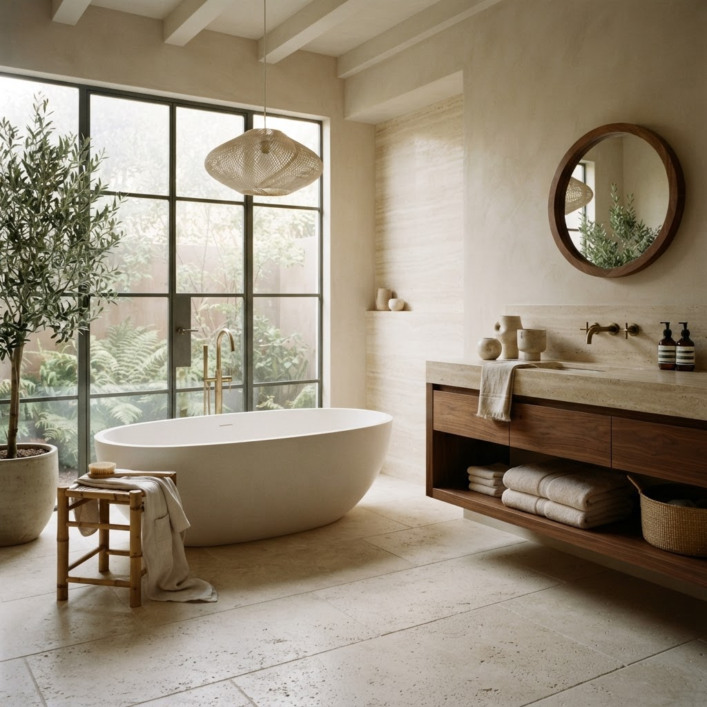 Spa-like bathroom with large-format stone-look tile flooring