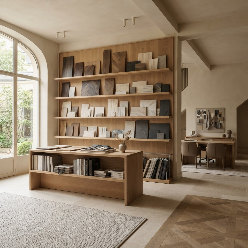 The Premier Flooring & Design showroom with curated wood and stone material samples
