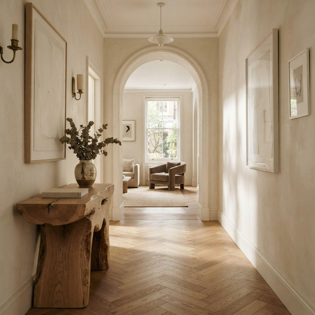 A sunlit luxury hallway with herringbone oak flooring and an arched doorway